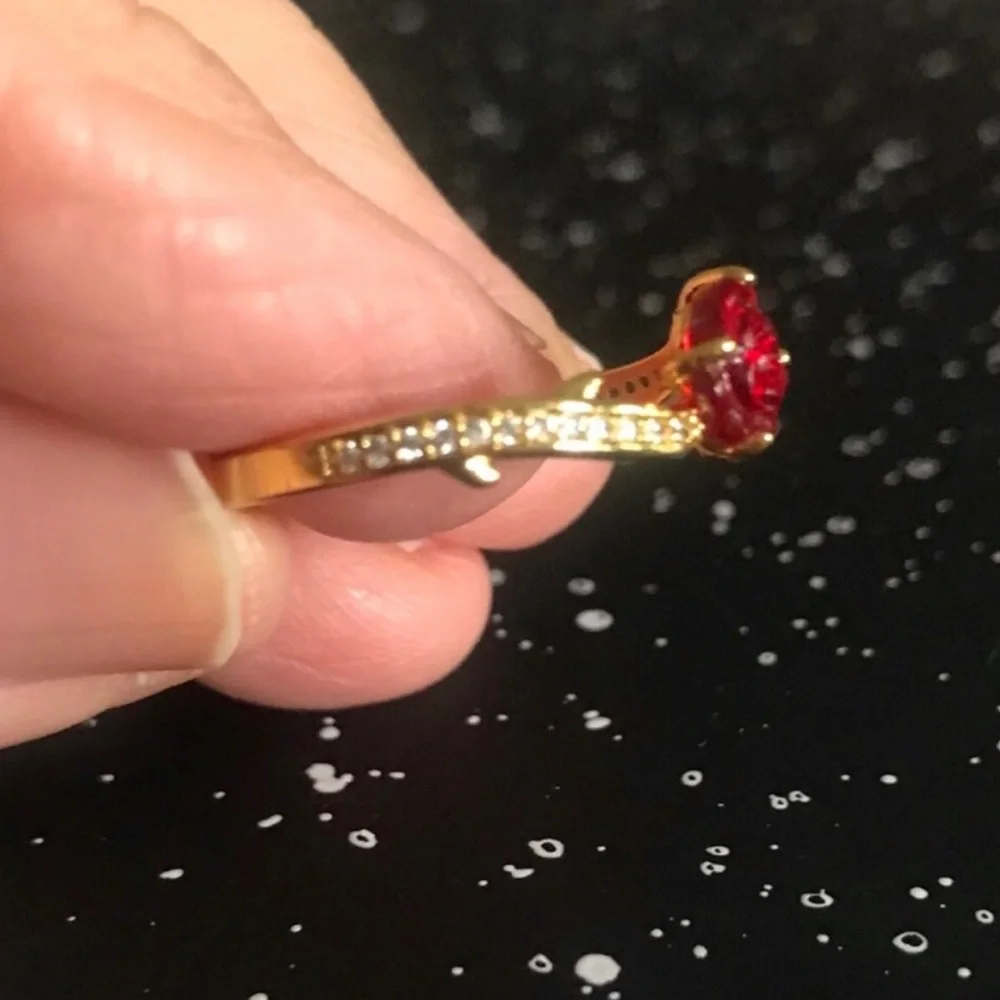 Beauty and the Beast Gold Ring with Red Rose Crystal Center